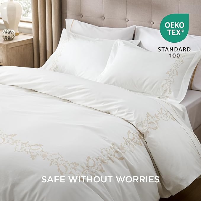 Bedsure Luxury Hotel Duvet Cover Queen Size, 100% White Cotton Curly Frame Bedding Set, Includes 1 Duvet Cover 90x90 Inches with Zipper Closure & 2 Pillow Shams, Comforter Sold Separately