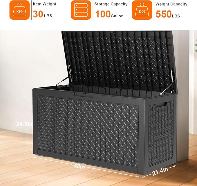 100 Gallon Large Deck Box,Resin Outdoor Storage Box with Lockable for Patio Furniture, Pool Accessories, Garden Tools Waterproof Outside Storage Box, Black Lozenge
