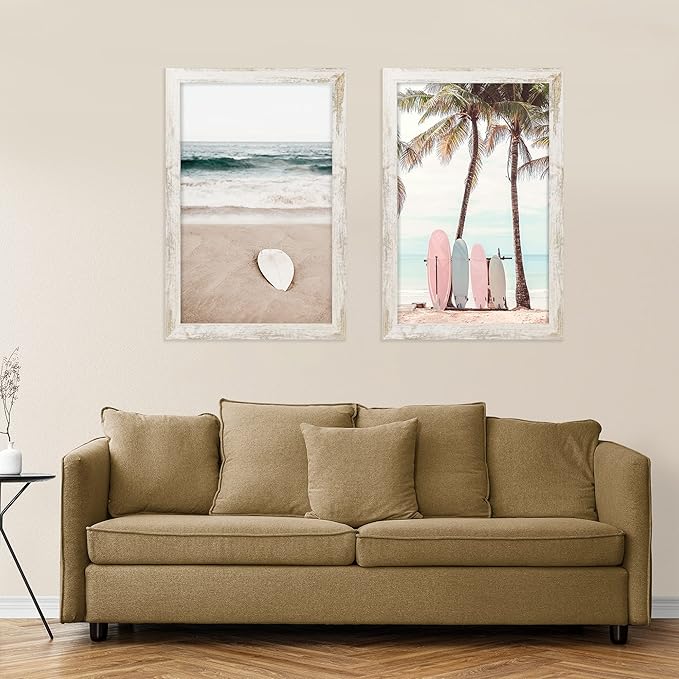 11x17 Frame Set of 2, Distressed White Wood Style - Display 11 x 17 Poster without Mat or 8x12 Picture with Mat, Wall Mounting Horizontal and Vertical