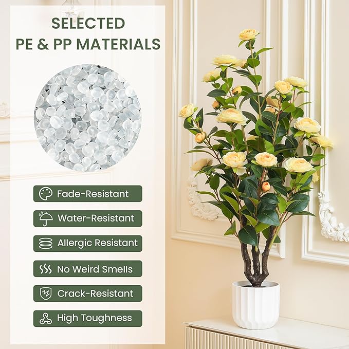3.2FT Artificial Camellia Tree, Yellow Silk Flowers, Indoor Faux Plants with Realistic Trunk in White Cement Pot for Home House Living Room Bedroom Office Decor, 1pc
