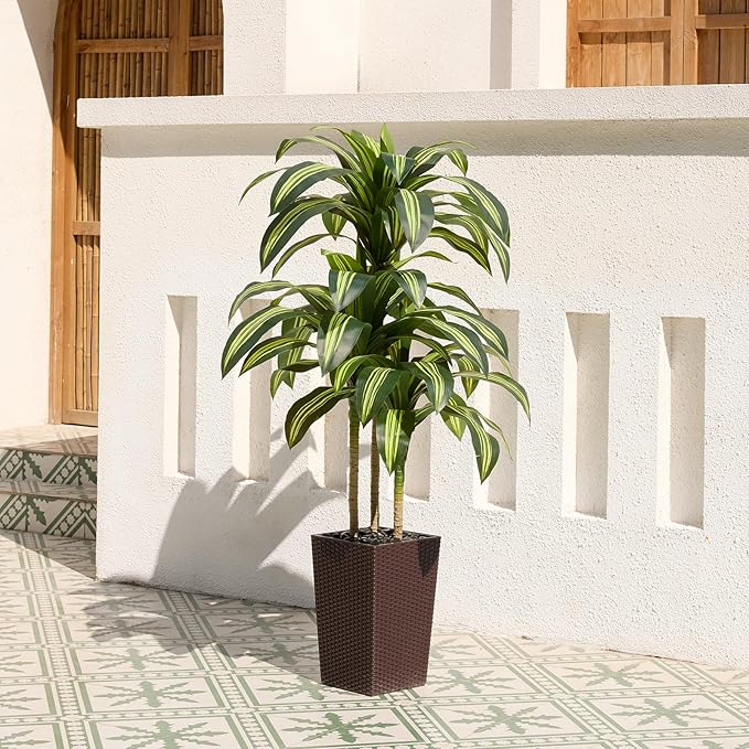 Artificial Dracaena Tree 5ft – UV Resistant Tall Fake Plant with Large Taper Planter & Pebbles– Large Potted Faux Tree for Indoor & Outdoor, Living Room, Office, Porch, Home Decor, VN127
