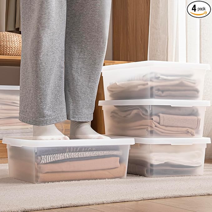 Stackable Plastic Storage Bins with Lids,Container to Organize Shoes and Crafts on Closet Shelves,Garage, Totes, Tubs Boxes Organizing 4 Pack (4L)