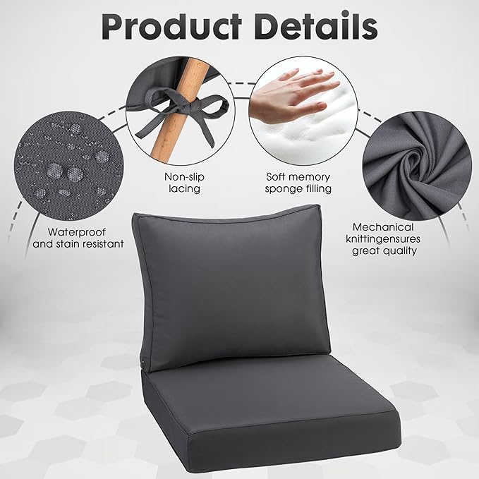 Outdoor Deep Seating Cushion Set, 24" x 24", Waterproof & Fade Resistant Patio Furniture Cushions with Handle, Deep Seat and Back Cushion for Chair and Sofa (3, Grey)
