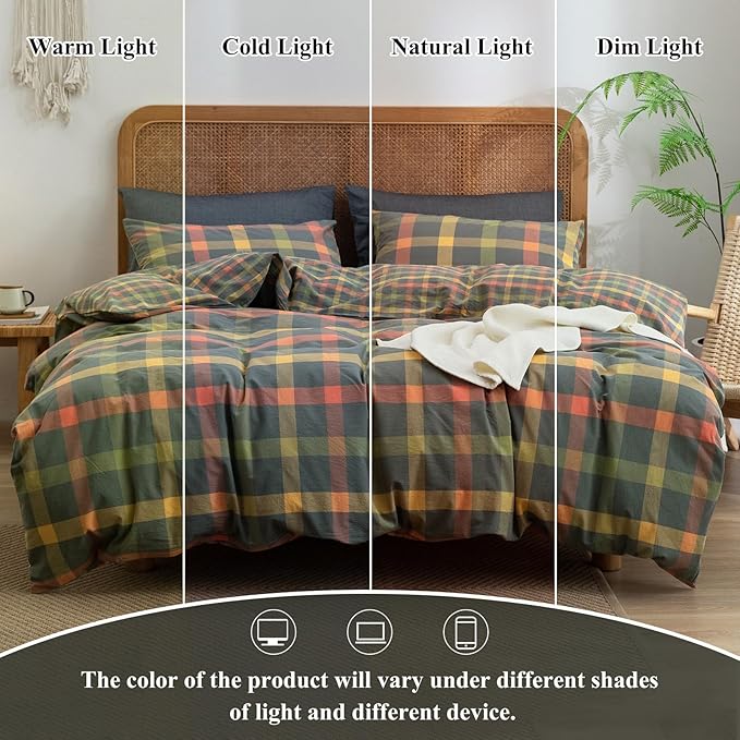 VM VOUGEMARKET Multicolor Plaid Duvet Cover Set Full Soft Washed Cotton Reversible Bedding Modern Cozy Grid Duvet Cover with 2 Pillowcases for Men Women-Orange/Grey/Green,80x90Inch