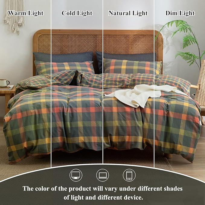 VM VOUGEMARKET Plaid Duvet Cover Set Queen Washed Cotton Reversible Bedding Multicolor Buffalo Grid Duvet Cover with 2 Pillowcases for Men Women(Orange/Grey/Green,Queen)