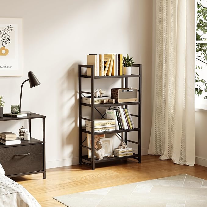 VERMESS Book Shelf Black, 4-Tier 24 inch Bookshelf Shelving Unit, Wood Bookcase with Open Shelves, Industrial Standing Storage Bookshelves Metal Display Rack for Living Room, Bedroom, Home, Office