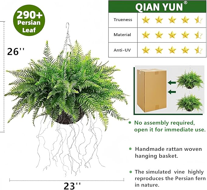 QIANYUN 1PCS Fake Hanging Plant- Boston Ferns UV Resistant Plastic Plants for Bedroom Living Room Garden Decor- Including Hanging Planters (Persian-Green)