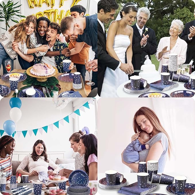 Gudvilla350 PCS Navy Blue Plates and Napkins Party Supplies,Navy Blue Paper Plates with Plastic Silverware Serve 50 Guests,Blue and Silver Birthday Plates Disposable for Wedding Retirement Decorations