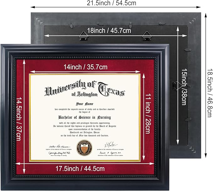 11x14 Diploma Degree Frame with Red Mat or Display 15x18 Certificates without Mat,Solid Wood,Black Finish with Intricate Black Rope Detail,UV Protection Acrylic