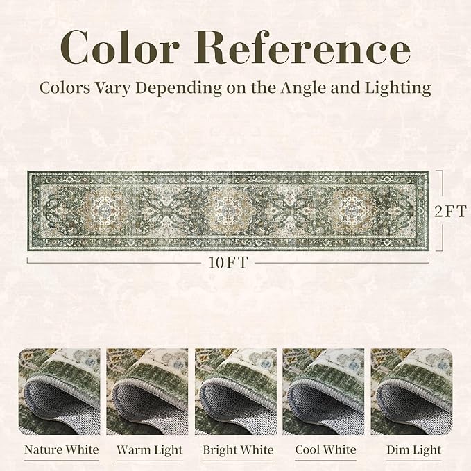 PADOOR-Vintage Runner Rug 2X10 Runners for Hallways-Soft Olive Green Washable Bedside Rugs for Bedroom-Non Slip Long Rug for Hallways Entryway Laundry Room Stair Kitchen Bathroom