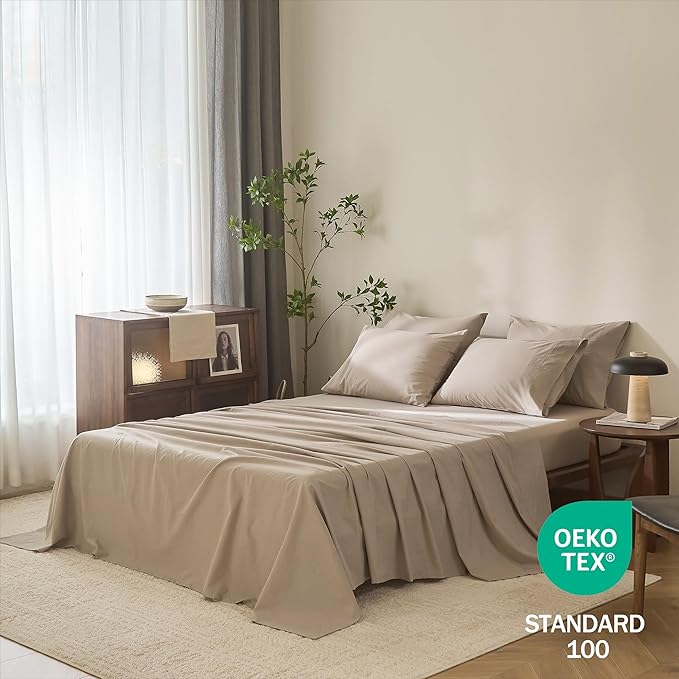 100% Cotton 6-Piece Queen Size 102" x 90" Bedding Set - Fitted Sheet, Flat Sheet & 4 Pillowcases with 17" Deep Pocket,Soft Breathable Bed Sheets for Cozy Sleep,Linen Grey