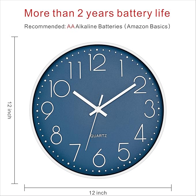 Foxtop Modern Wall Clock Silent Non Ticking Battery Operated Quartz Round Wall Clock Decor for Bedroom Kitchen Home Office School (12 Inch, Cerulean)