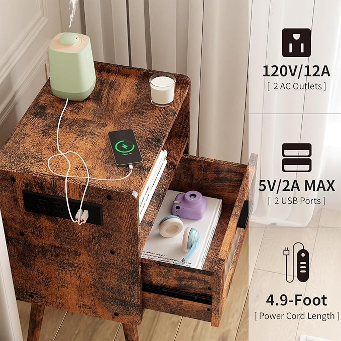 SOOWERY Mid Century Modern Nightstand with Charging Station, Bedside Tables with Acrylic Drawer, End Table Side Table with 2 Tiers Storage Space, for Bedroom, Living Room, Brown