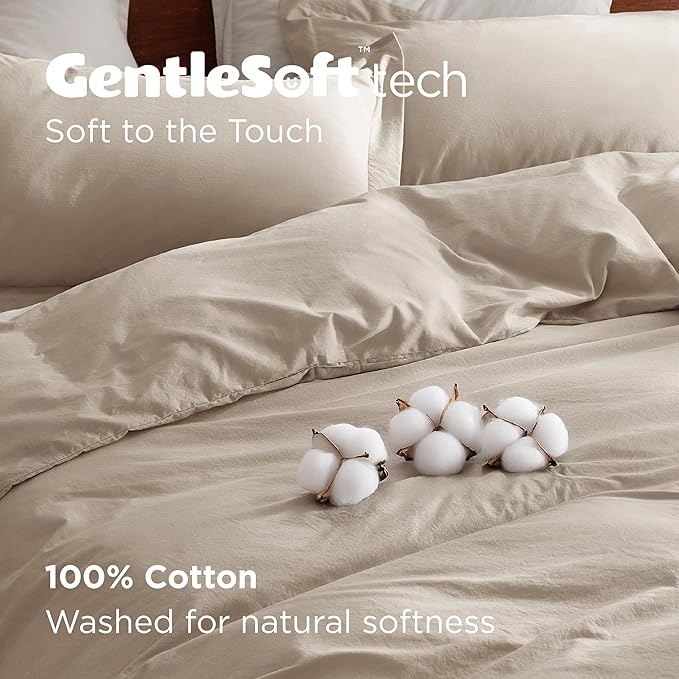 Bedsure 100% Washed Cotton Duvet Cover King Size - Greige Minimalist Cotton Duvet Cover Linen Like for All Seasons - GentleSoft™ Plain Simple Bedding, 3 Pieces (Greige, King, 104"x90")