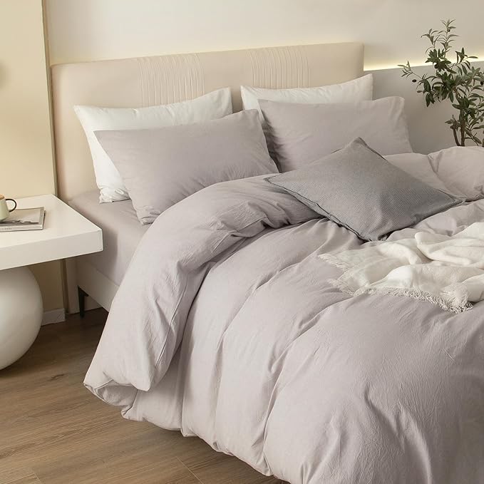 JIYUAN 100% Washed Cotton Duvet Cover Set 2 Pieces Twin, 1 Duvet Cover 68x90 Inches(Comforter Not Included) and 1 Pillowcases,Linen Feel Bedding Set Comfy and Breathable, Heathered Linen
