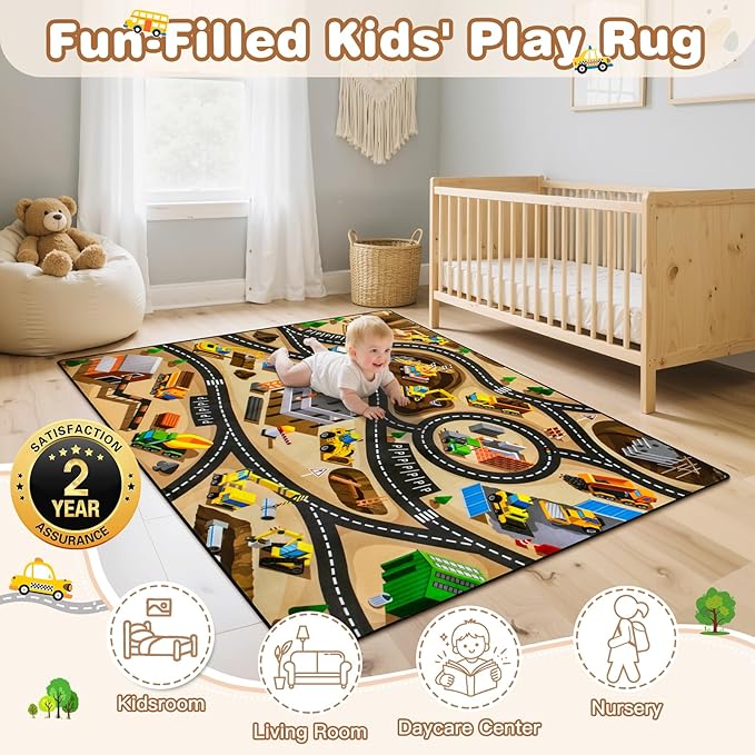 Kids 3x5 Ft Construction Site Car Rug - Extra Thick (0.4in),Tufted Wool & Rubber, Non-Slip, Stain & Fade Resistant, Machine Washable, Rustic Cartoon Construction Site Pattern