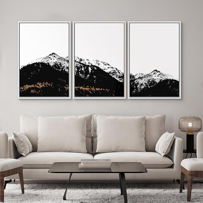 SIGNWIN 3 Piece Framed Canvas Wall Art Black and White Mountain Tops Photo Nature Wilderness Illustrations Abstract Traditional Home Artwork Decoration for Living Room,Bedroom - 24"x36"x3 White