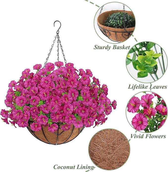 KHOYIME Artificial Hanging Flowers Plants Basket for Outdoors Indoor, 2 Set Faux Silk Fuchsia Morning Glory Fake Eucalyptus Planters UV Resistant Spring Summer Decorations for Home Garden Porch Patio