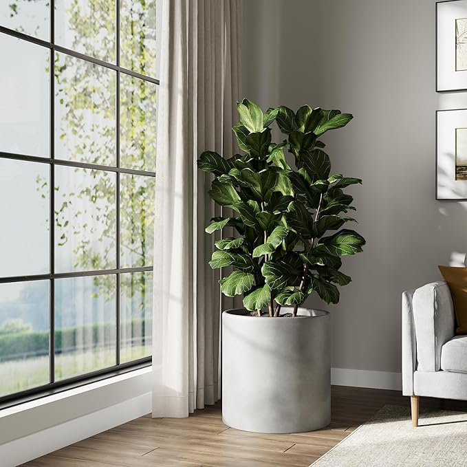 DTY Signature Mount Powell Fiberstone Planter - 20 Inch Jumbo Gray Cylindrical Mid-Century Modern Home Decor Indoor & Outdoor Plant Pot - Durable Planters for Indoor Plants, Outdoor Spaces