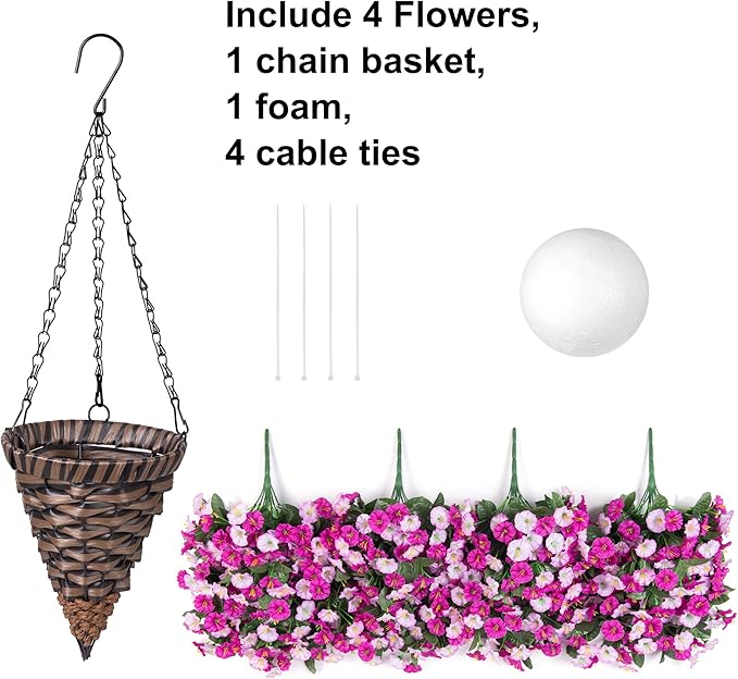 Artificial Hanging Flowers Plants in Basket, Fake Plant Silk Morning Glory Flower Arrangement for Outdoor Decor, UV Resistant Realistic Floral Planter for Outside Porch Patio Balcony (Fuchsia)