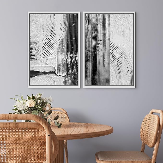 SIGNWIN Framed Canvas Print Wall Art Set Black White Industrial Paint Strokes Abstract Shapes Illustrations Modern Art Minimal Decorative Nordic for Living Room, Bedroom, Office - 16"x24"x2 White