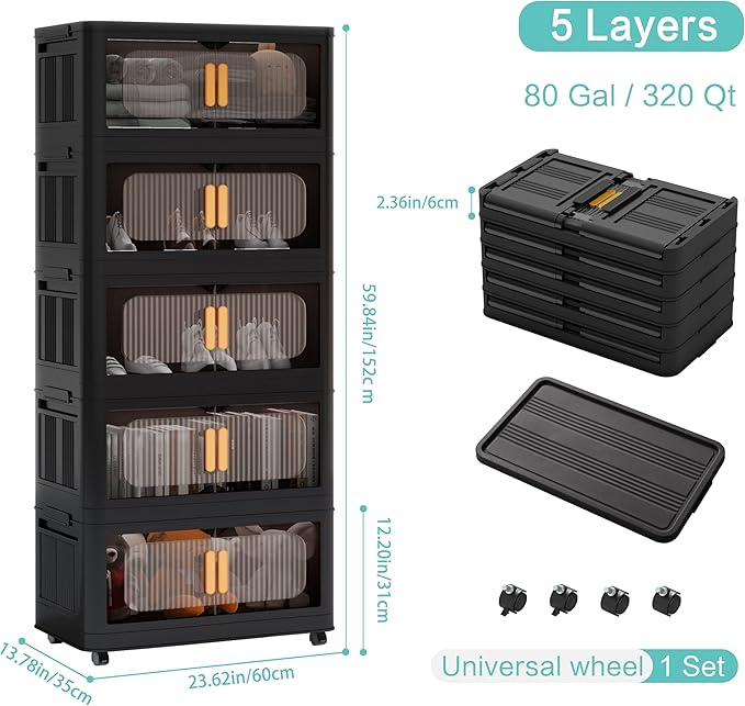 Holaki 320 QT Collapsible Closet Organizers with Lid, 5 Tiers Stackable Plastic Storage Bins Cabinet with Wheels and Magnetic Door (Black Larger)