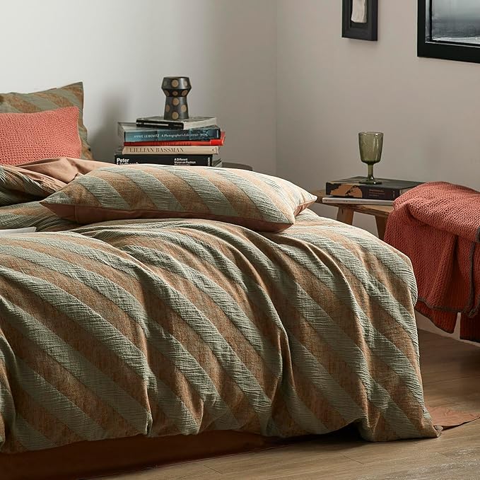 VM VOUGEMARKET Green Striped Duvet Cover Queen Linen Cotton Bedding Set Jacquard Brown Diagonal Stripes Duvet Cover Set Without Filling 90x90 Inch