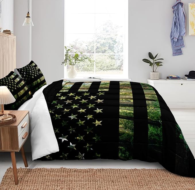 American Flag Comforter Set Queen Size Green Black Bedding Set Stars Stripes Geometric Pattern Green Camouflage Camo Farmhouse Western Bed Comforter Set for Boys Teens