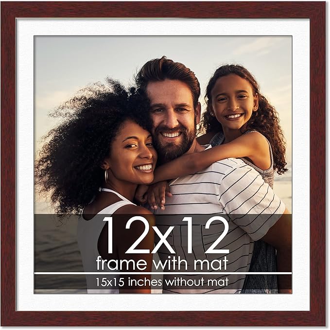 12x12 Frame with Mat - Brown 15x15 Frame Wood Made to Display Print or Poster Measuring 12 x 12 Inches with White Photo Mat