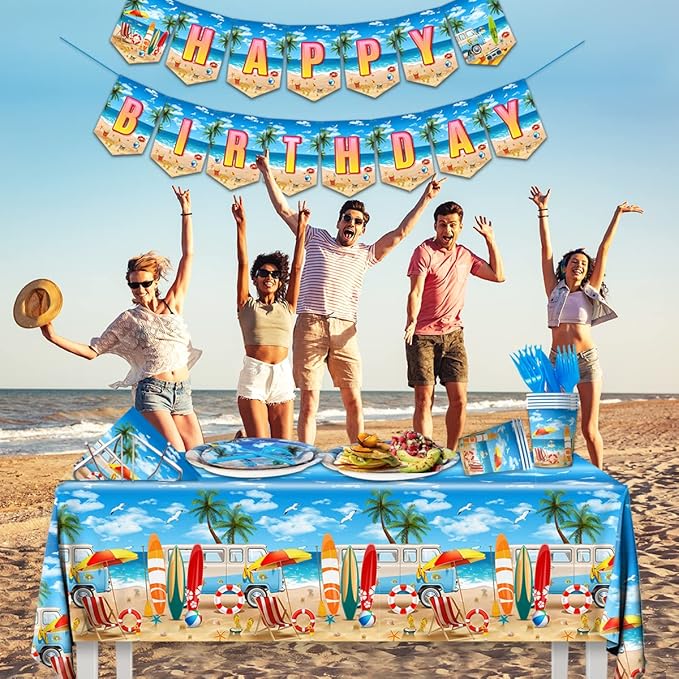 Beach Birthday Party Supplies - 142PCS Hawaiian Pool Party Decoration Including Beach Dinner Plates,Tablecloth for Summer Beach Tropical Baby Shower Birthday Decoration