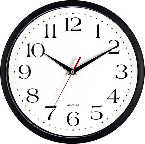 Bernhard Products Black Wall Clock Silent Non Ticking, 12 Inch Quality Quartz Battery Operated Round Easy to Read Home/Office/Kitchen/Classroom/School Clock Sweep Movement