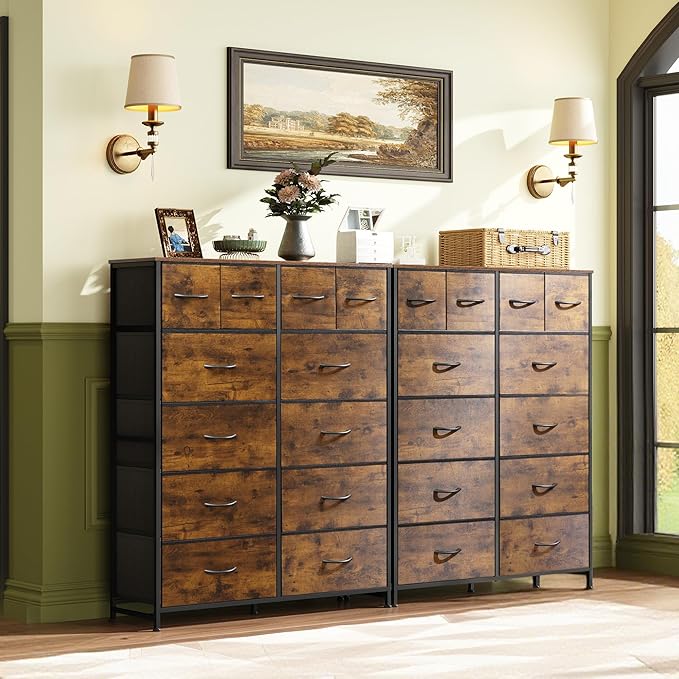 WLIVE Storage Organizer Unit with 12 Fabric Bins, Storage Drawers Organizer with Steel Frame, Tall Storage Tower Organizaton for Living Room, Hallway, Office, Rustic Brown Wood Grain Print