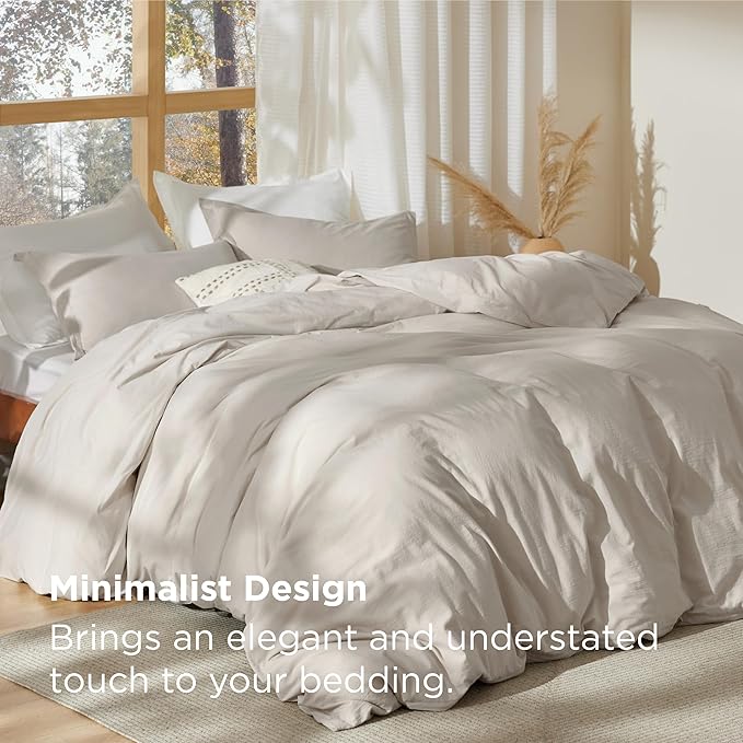 Bedsure 100% Stone Washed Cotton Duvet Cover King Size - Oatmeal Minimalist Cotton Duvet Cover Linen Like for All Seasons - GentleSoft™ Plain Simple Bedding, 3 Pieces (Oatmeal, King, 104"x90")