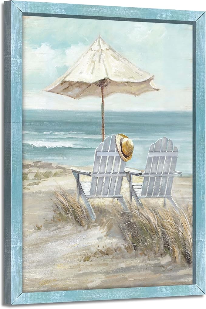 Abstract Coastal Framed Wall Art - Beach Chair Picture Modern Ocean Painting Prints Calming Seascape Wooden Artwork Decor for Bathroom
