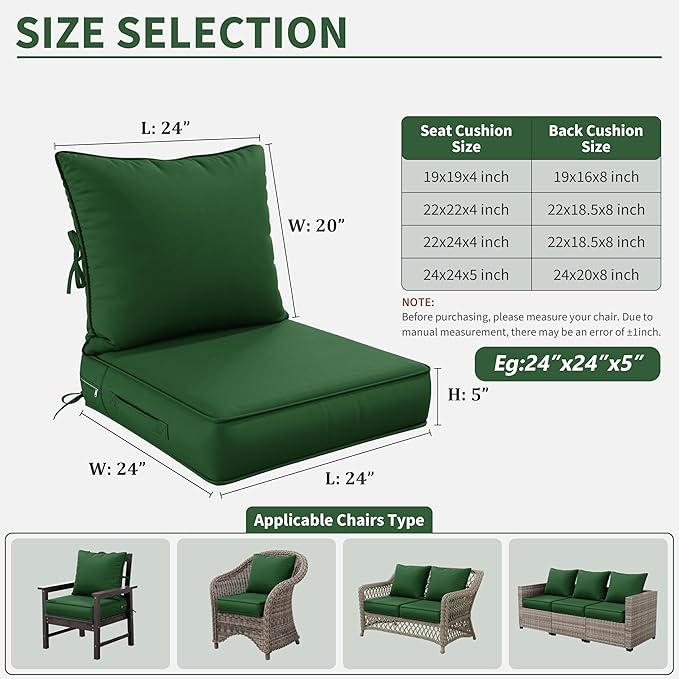 Premium Outdoor Seat Cushion Chair Cushions for Patio Furniture 24 L X 24 W X 5 H Waterproof & Fade Resistant Deep Seat and Backrest Cushion Set with Removable Covers for Chair, Sofa