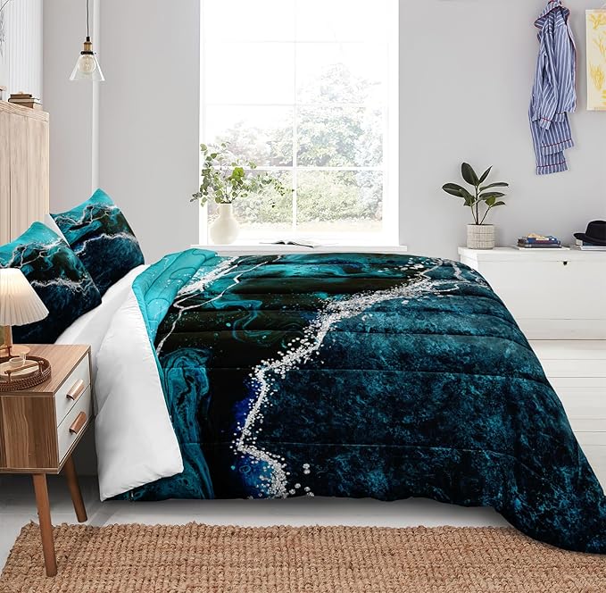 Black Marble Comforter Queen Turquoise Blue Bedding Set 3 Pcs Marble Stone Natural Theme Artwork Abstract Comforter Sets Super Soft Cozy Black Bed in A Bag with Comforter and Sheet Set