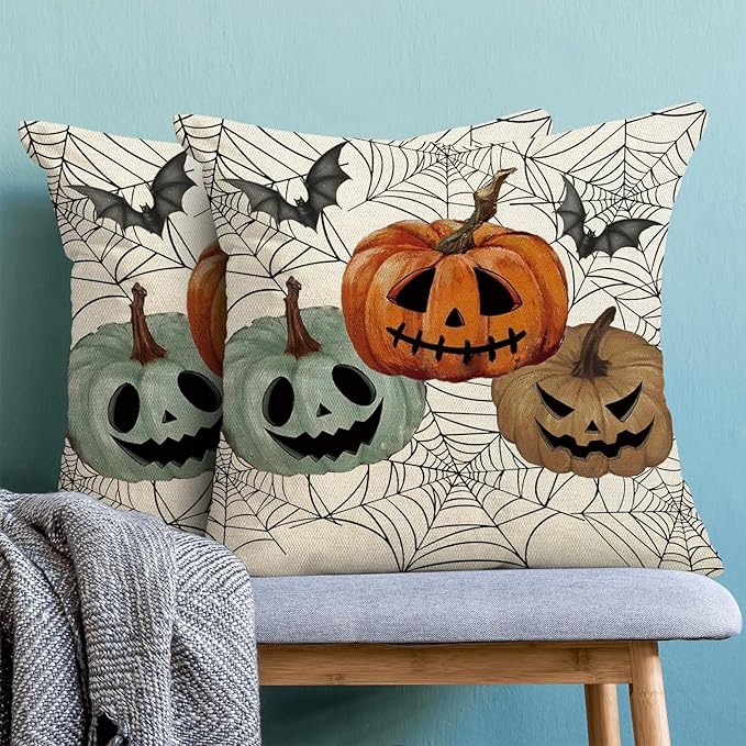 Halloween Decor Pillow Covers 18x18 Set of 2 Black Spider Web Orange Pumpkin Bat Throw Pillow Covers Outdoor Decoration Autumn Pumpkin Pillowcase Farmhouse Decorative Cushion Case for Home Sofa
