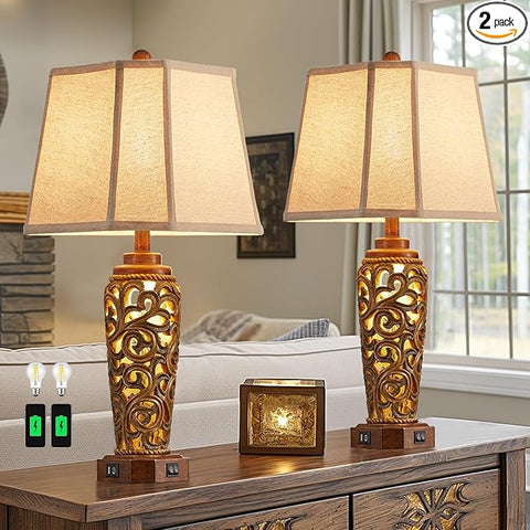 27" Set of 2 Farmhouse Table Lamps for Living Room Bedroom, Rustic Bedside Lamp with USB A+C Ports, Red Brown Resin Vintage Nightstand Lamps with Night Light, 2 Bulbs Include