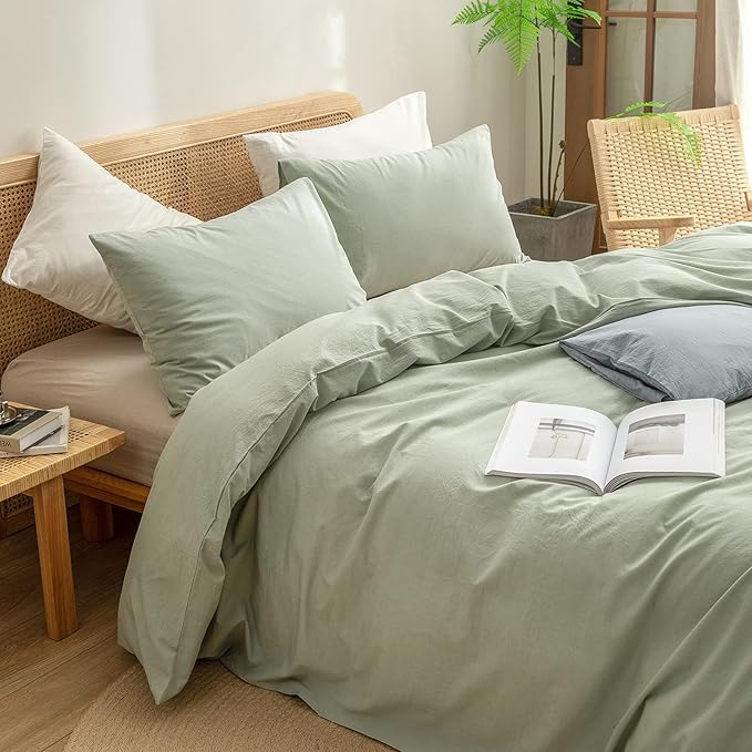 BESTOUCH Duvet Cover Set 100% Washed Cotton Linen Feel Super Soft Comfortable Chic Lightweight 2 PCs Home Bedding Set Solid Sage Green Twin/Twin XL