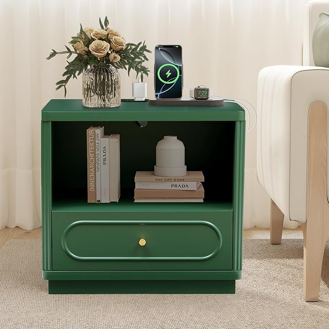 Fluted Nightstand with Charging Station Set of 2, Modern Wood Nightstand with Drawer Storage, Night Stand Bedside Table with Type-C and USB Ports, Night Stand for Bedroom, Green