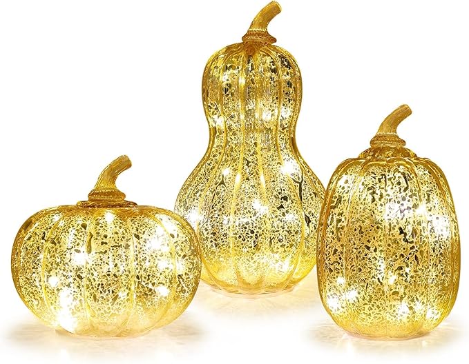 NEEDOMO Lighted Glass Pumpkin Decor, Set of 3 Gold Mercury Glass Pumpkins with Lights and Timer for Fall Thanksgiving Decorations, LED Collectible Figurines Fall Centerpiece for Tables Home