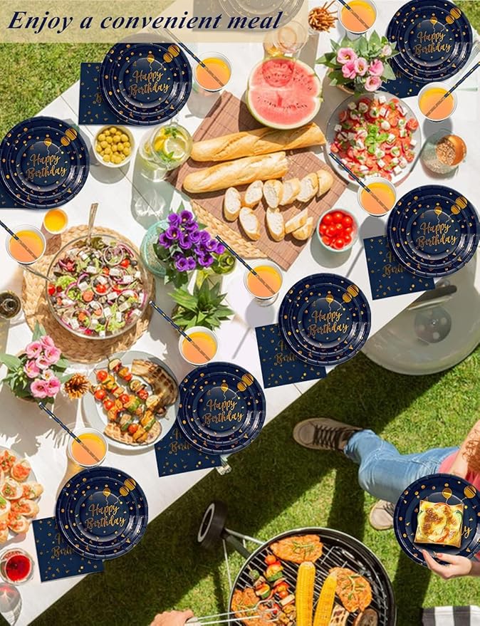Birthday Party Tableware, 161 Pieces Navy Blue Gold Party Supplies, Party Dinnerware Sets Include Paper Plates Napkins Cups Silverware, for Shower Engagement Parties Decoration -20 Serves