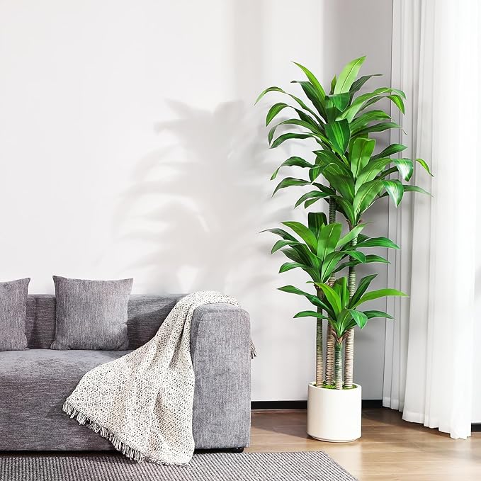 Artificial Dracaena Tree 6ft, Tall Fake Dracaena Plants with White Planter, Faux Dragon Tree Indoor Floor Plant for Home Decor Office Living Room Porch Housewarming, 1Pcs