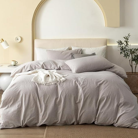 JIYUAN 100% Washed Cotton Duvet Cover Set 2 Pieces Twin, 1 Duvet Cover 68x90 Inches(Comforter Not Included) and 1 Pillowcases,Linen Feel Bedding Set Comfy and Breathable, Heathered Linen