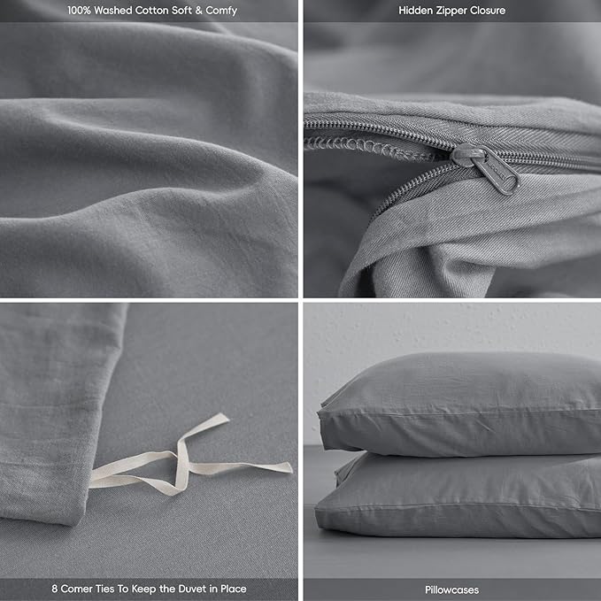 MooMee Queen Duvet Cover Set, 100% Washed Cotton Linen Like Twill Thick Sturdy Material Super Soft Breathable Durable Bedding for All Season, 3 Pieces (Polar Grey, Queen 90"x90")