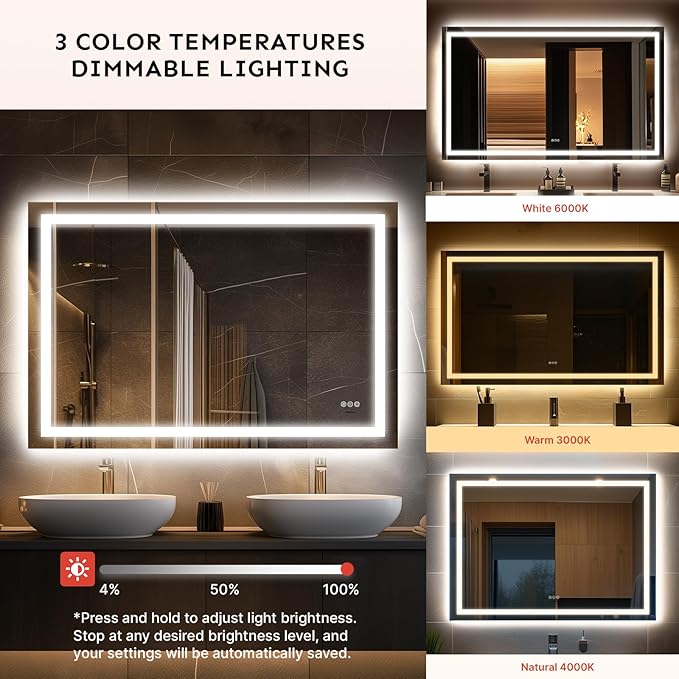 28x36'' LED Bathroom Mirror with Light, Frameless, Dimmable Front & Backlit, Anti-Fog, Distortion Free, Light Memory, Tempered and Shatter-Proof Wall Mounted Vanity Silver Coating Mirror