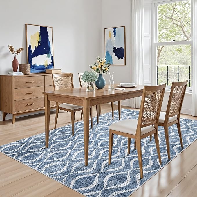 WITSHOCK Area Rugs for Living Room 5x8: Washable Non-Slip Soft Geometric Large Indoor Rug for Bedroom Dining Room, Low Pile Boho Pattern Carpet for Nursery Playroom Decor, Kid & Pet Friendly, Blue