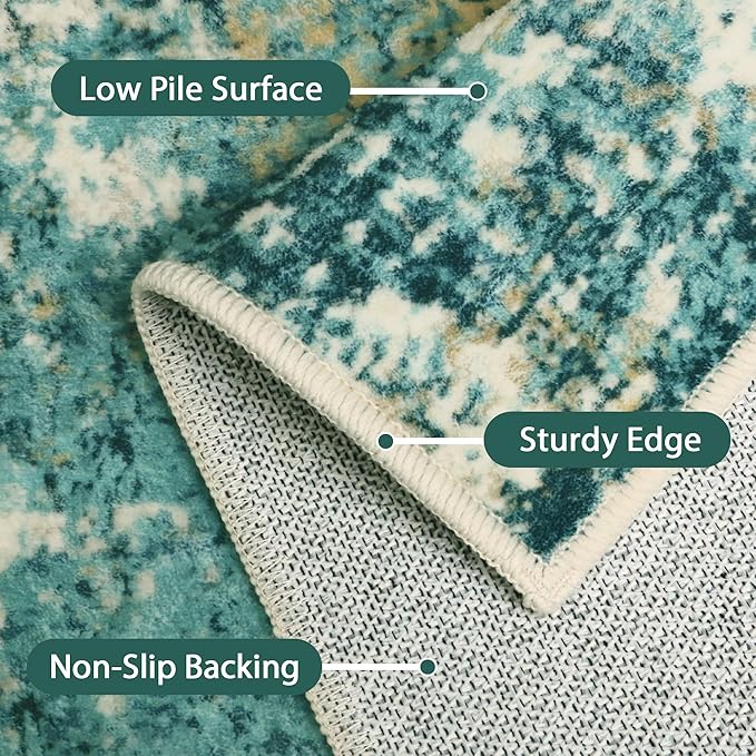 GENIMO Washable Rug-6x9 Area Rugs Lightweight Foldable, Modern Pet Friendly Low Pile Carpet for Living Room, Bedroom, Playroom, Emerald Ripples