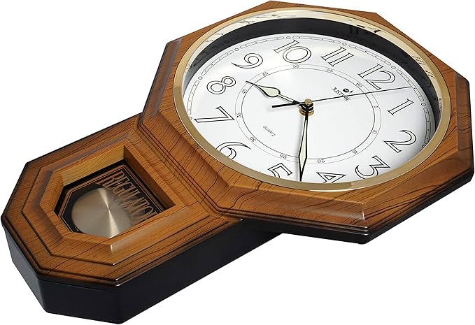 JUSTIME Traditional Schoolhouse Luminious Arabic Regulator Wall Clock, Chiming Wall Clocks with Pendulum & Westminster Chime Hourly, Schoolhouse Wall Decor Battery Operated (Light Wood Grain)