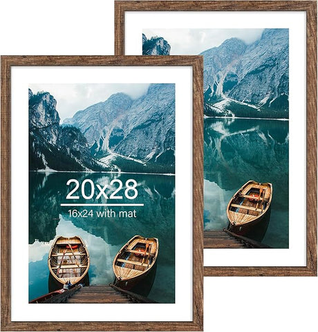 20x28 Picture Frame Set of 2, Rustic Black Wood Style - Display 16x24 Picture with Mat or 20 x 28 Poster without Mat, Wall Mounting Horizontal and Vertical